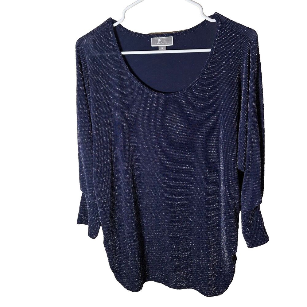 JM Collection Blouse Women's Medium Navy Metallic 3/4 Sleeve Round Neck Shirt